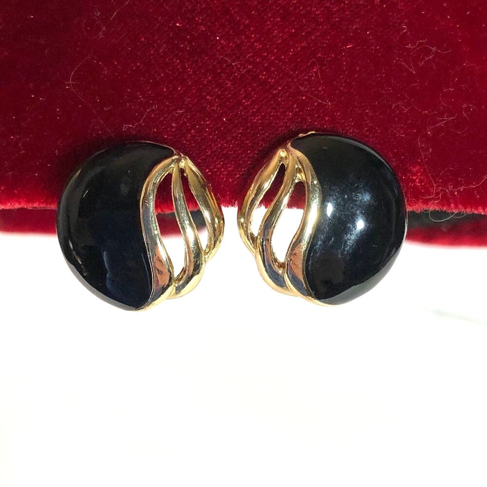 Black Enamel and Gold Tone Vintage Earrings, Retro 80s Round Pierced Studs